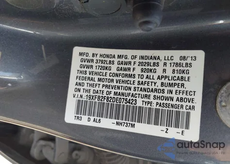 2013 Honda Civic Ex from USA, damaged, VIN 19XFB2F82DE075423